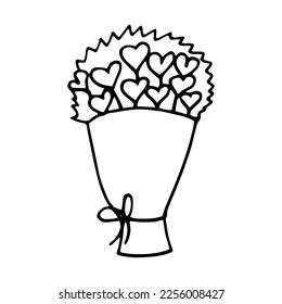 bouquet of hearts in a wrapper hand drawn in doodle style. simple minimalistic line art. monochrome icon.