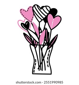 Ramo de flores en forma de corazón en un jarrón. Ilustración vectorial Doodle apta para tarjetas de San Valentín, decoraciones románticas, etiquetas de regalo o publicaciones de redes sociales que celebran el amor y el afecto