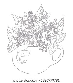Bouquet of herbs for herbal tea in a cup. Strawberry leaves, flowers, berries, and citrus peel.