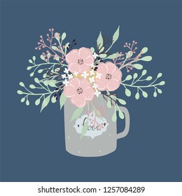 Bouquet of herbs and various flowers in a teacup. Vector illustration of cute hand drawn flowers in a vintage cup.