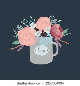 Bouquet of herbs and various flowers in a teacup. Vector illustration of cute hand drawn flowers in a vintage cup.
