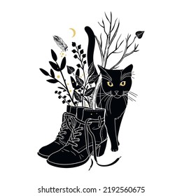 Bouquet of herbs in witch's boots and a black cat. Vector hand drawn illustration