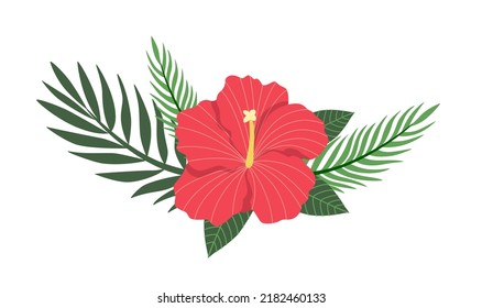 Bouquet with hibiscus and exotic palm leaves isolated on white background. Card with vector floral illustration. Flat Plant Composition. Botanical summer decor