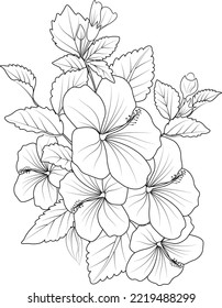 Bouquet Of Hibiscus Flower  Hand Drawn Pencil Sketch Coloring Page And Book For Adult Natural Collection Leaf Buds Isolated On White Background Floral Element Illustration Ink Art.
