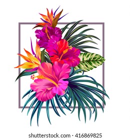 Bouquet with hibiscus flowers with pink petals, tropical leaves, and floral elements on white background. Watercolor with summer garden and wild flowers. design frame with vector botanical elements.