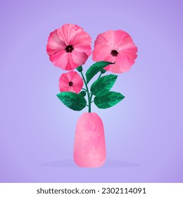 Bouquet of hibiscus flowers in a vase. Vector illustration on a colored background. Template for congratulations and invitations, banner, poster..