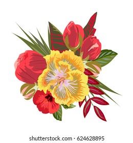 Bouquet of hibiscus, red buds and exotic leaves. Decor elements for greeting cards, wedding invitations, birthday and other celebrations. Isolated on white background.