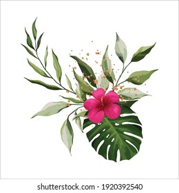 Bouquet with hibiscus, tropical exotic leaves, monstera isolated on white background. Gold splashes of decoration. Card with vector floral illustration. Realistic Plant Composition