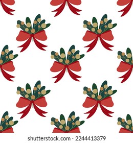 Bouquet of holly and big red bow. Christmas winter festival seamless pattern. 