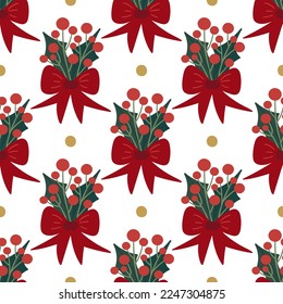Bouquet of holly and big red bow. Christmas winter festival seamless pattern. 
