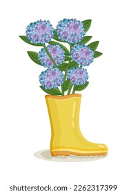 Bouquet of hydrangea flowers rain boot. Spring composition for women's day, mother's day, easter and other holidays. Spring floral design isolated vector illustration.