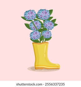 Bouquet of hydrangea flowers rain boot. Spring composition for women's day, mother's day, easter and other holidays. Spring floral design isolated vector illustration.
