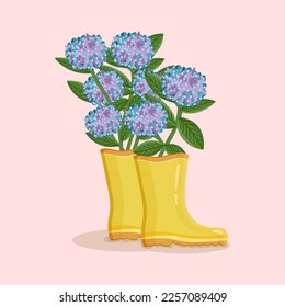 Bouquet of hydrangea flowers rain boots. Spring composition for women's day, mother's day, easter and other holidays. Spring floral design isolated vector illustration.