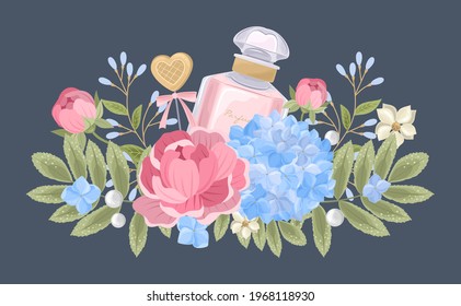 Bouquet with Hydrangea, perfume, branches, berries and flowers. For wedding invitations and beauty cards. Vector illustration.