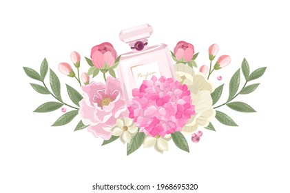 Bouquet con Hydrangea, perfume, ramas, bayas y flores. Para invitaciones de boda y tarjetas de belleza. Ilustración vectorial.