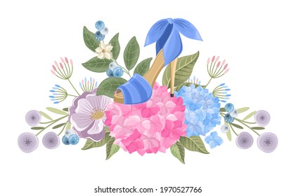 Bouquet with Hydrangea, perfume, branches, berries and flowers. For wedding invitations and beauty cards. Vector illustration.