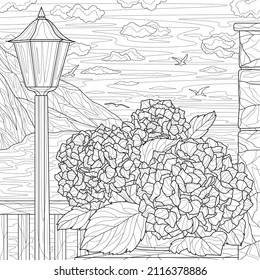 Bouquet de hortensias, lámpara de calle y paisaje. Mar y montañas. Colores libros antiestrés para niños y adultos. Ilustración aislada sobre fondo blanco. Estilo zenano-margino. Dibujo manual