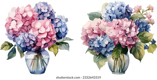 Bouquet of hydrangeas in a vase clipart, isolated vector illustration.