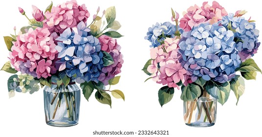 Bouquet of hydrangeas in a vase clipart, isolated vector illustration.