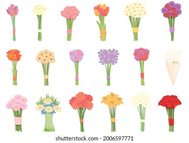 Bouquet icons set cartoon vector. Flower basket. Vase bunch