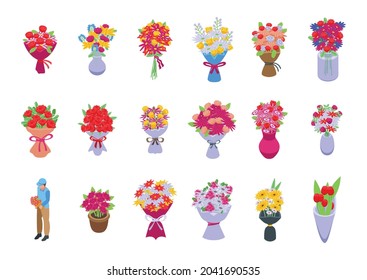 Bouquet icons set isometric vector. Flower basket. Vase bunch