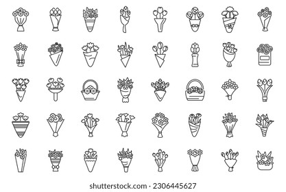 Bouquet icons set outline vector. Flower basket. Vase bunch