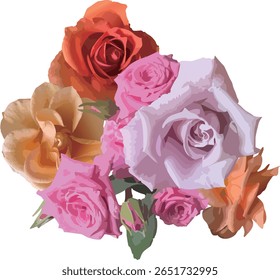 A bouquet illustration combining roses in pink, orange, and beige tones. This elegant and luxurious design is perfect for decorative use in frames, greeting cards, wedding designs, and more.