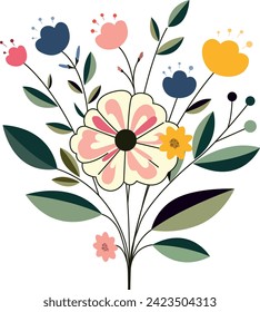 The bouquet includes a variety of green leaves that create a rich background for the colored flowers. The drawing style is flat with minimal details.
