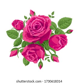 A bouquet of intense pink roses. Vector decoration, illustration with roses and leaves. For postcards, wedding invitations, textiles. Elegant bunch of roses in a retro, Victorian style