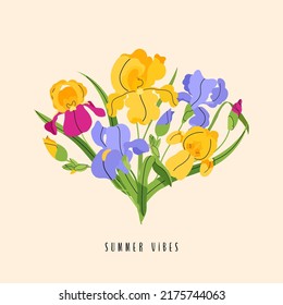 Bouquet of Iris flowers vector isolated on beige background. Summer modern flat style illustration