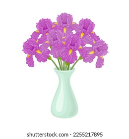 Bouquet of irises flowers in turquoise vase isolated on white. Vector cartoon illustration of purple spring flowers.