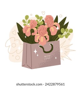 A bouquet of irises packed in a gift bag. Flower delivery shop for a client. Flowers as a gift for the holiday. Vector illustration isolated on transparent background.