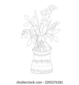 Bouquet in jug monochrome stock vector illustration, for coloring book, for t-shirt print 