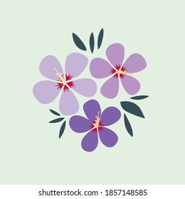 A bouquet Korean rose flower Sharon is hand  drawn in isolation green background  Purple cartoon flower and leaves  Colored plant element  Decorative element vector design 