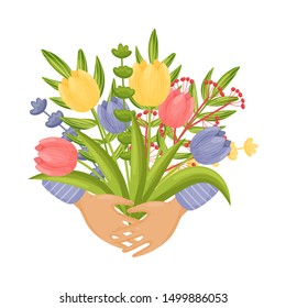 Bouquet of large multi-colored tulips. Vector illustration on a white background.