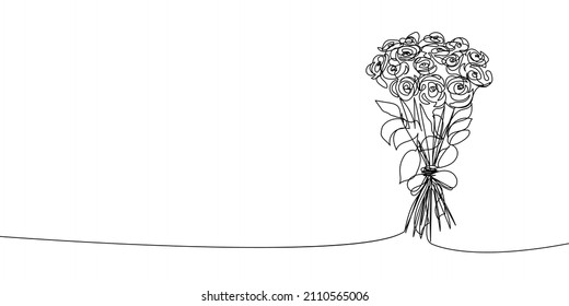 Bouquet of large roses continuous line drawing. One line art of decoration, flowers, tea roses, garden flowers, bouquet, floristry, romance, gift, relationship, love, peonies, dahlias, carnations.