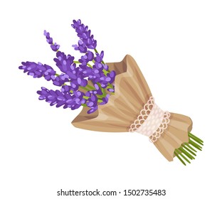 Bouquet of lavender in craft paper. Vector illustration on a white background.