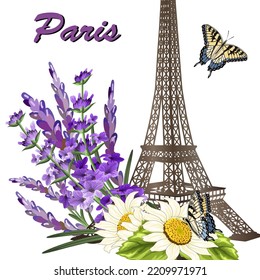 Bouquet de lavanda y la Torre Eiffel.Ilustración vectorial con la Torre Eiffel, mariposas y lavanda sobre un fondo transparente.