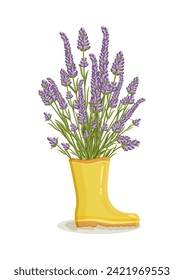 Bouquet de flores de lavanda con botas de lluvia amarillas. Composición de primavera para el día de la mujer, el día de la madre, el cumpleaños y otros feriados. Diseño floral de primavera, ilustración vectorial aislada.