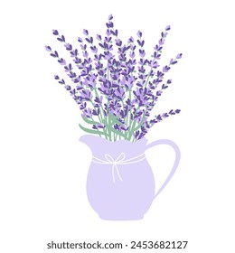 Bouquet of lavender in a jug. Vector illustration isolated on a white background.