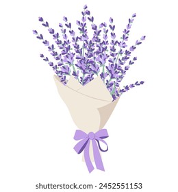 A bouquet of lavender is wrapped in paper with a bow. Isolated vector illustration in flat style