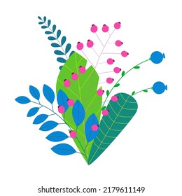 Bouquet of leaves, summer and spring flowers isolated on white background. Trendy flat style plants. Vector nature botanical elements.