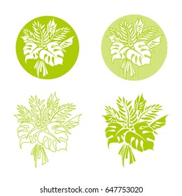 Bouquet of leaves of tropical plants. Vector symbol of four graphic variants.