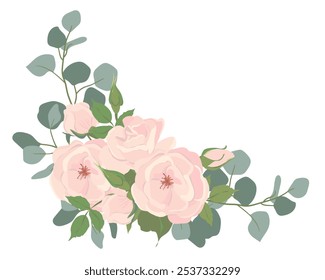 Bouquet of light pink roses and eucalyptus branches. Corner composition of beautiful flowers, buds, leaves isolated on background. Vector floral illustrations in flat style