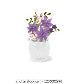 Bouquet of lilac colors in a vase,  card,  gift,  hand drawing, abstract,  vector illustration