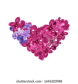 A bouquet of lilac flowers in the shape of a heart, four petals. Vector illustration for design of social networks icons, template, greetings for Valentines Day, spring and wedding concept.