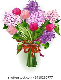  Bouquet  of lilac  and tulips. Spring bouquet of garden beautiful fresh  flowers.Greeting  template