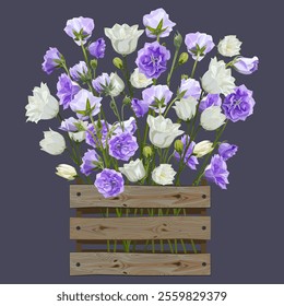 Bouquet of lilac and white bells in a wooden box on a purple background