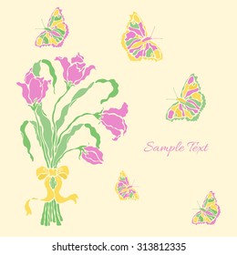 Bouquet of lilies with bow and ribbon ad butterflies vintage 
card