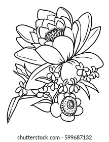 Bouquet of lilies, buds of lilies.water lily. Lotus.  Element of decor. Bouquet in line style. Vector Flower Collection